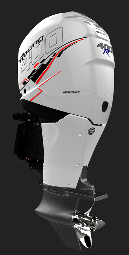 White Mercury 400R outboard motor.