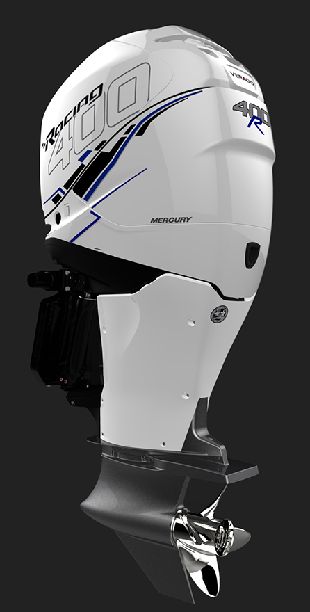 White Mercury 400R outboard motor.