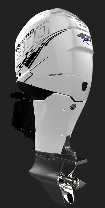 White Mercury Verado 400R outboard motor.