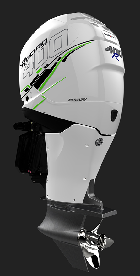 White Mercury Racing 400R outboard motor.