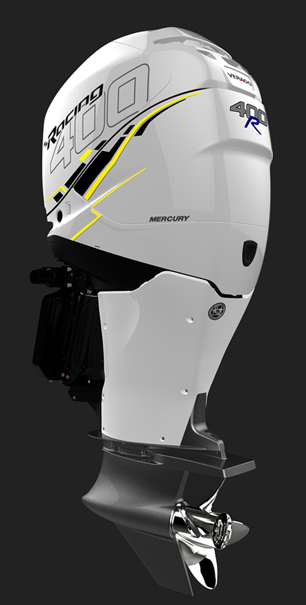 White Mercury Racing 400R outboard motor.