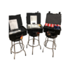 Three black toolboxes on stools.